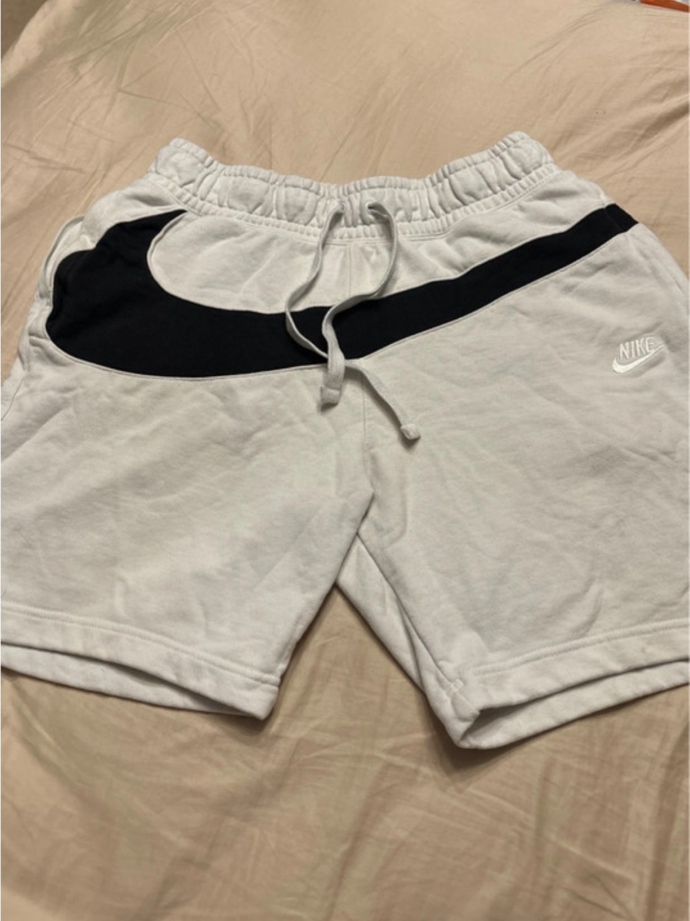 Nike Men's White Fleece Shorts with Black Swoosh